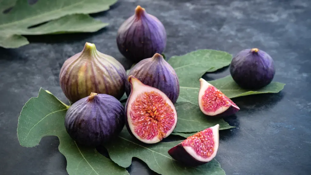 Šviežios violetinės figos ir perpjauti vaisiai ant didelių žalių figmedžio lapų tamsiame fone.