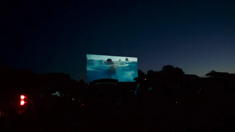 Didelis kino ekranas naktiniame parke po atviru dangumi Marijampolėje.